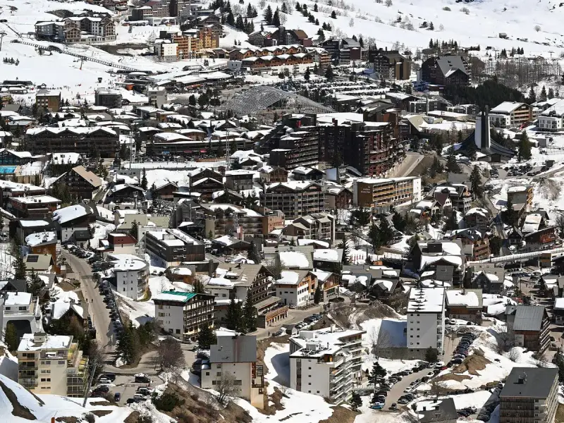 Alpe d'Huez, Isère, France — View of central Alpe d'Huez from Côtes Souveraines, Huez, 2026